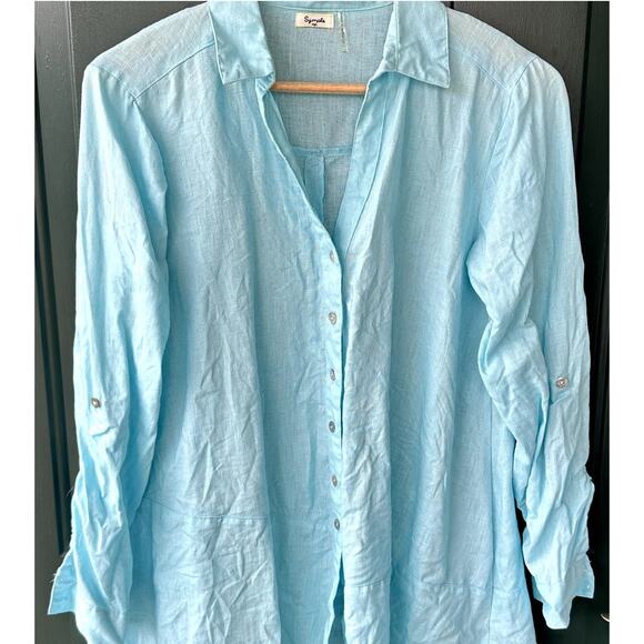Symple NYC Sz S 100% Linen Aqua Blue Button Front Asymmetric Hem Tunic Lagenlook - Picture 1 of 7